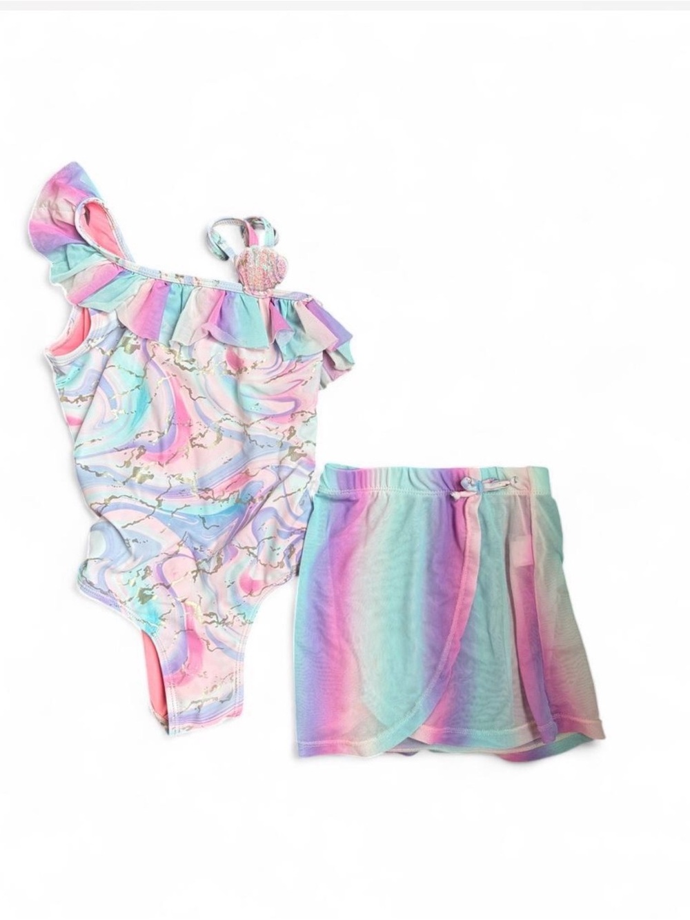 Girls Pastel Rainbow One-Shoulder Swim One-Piece with Skirt